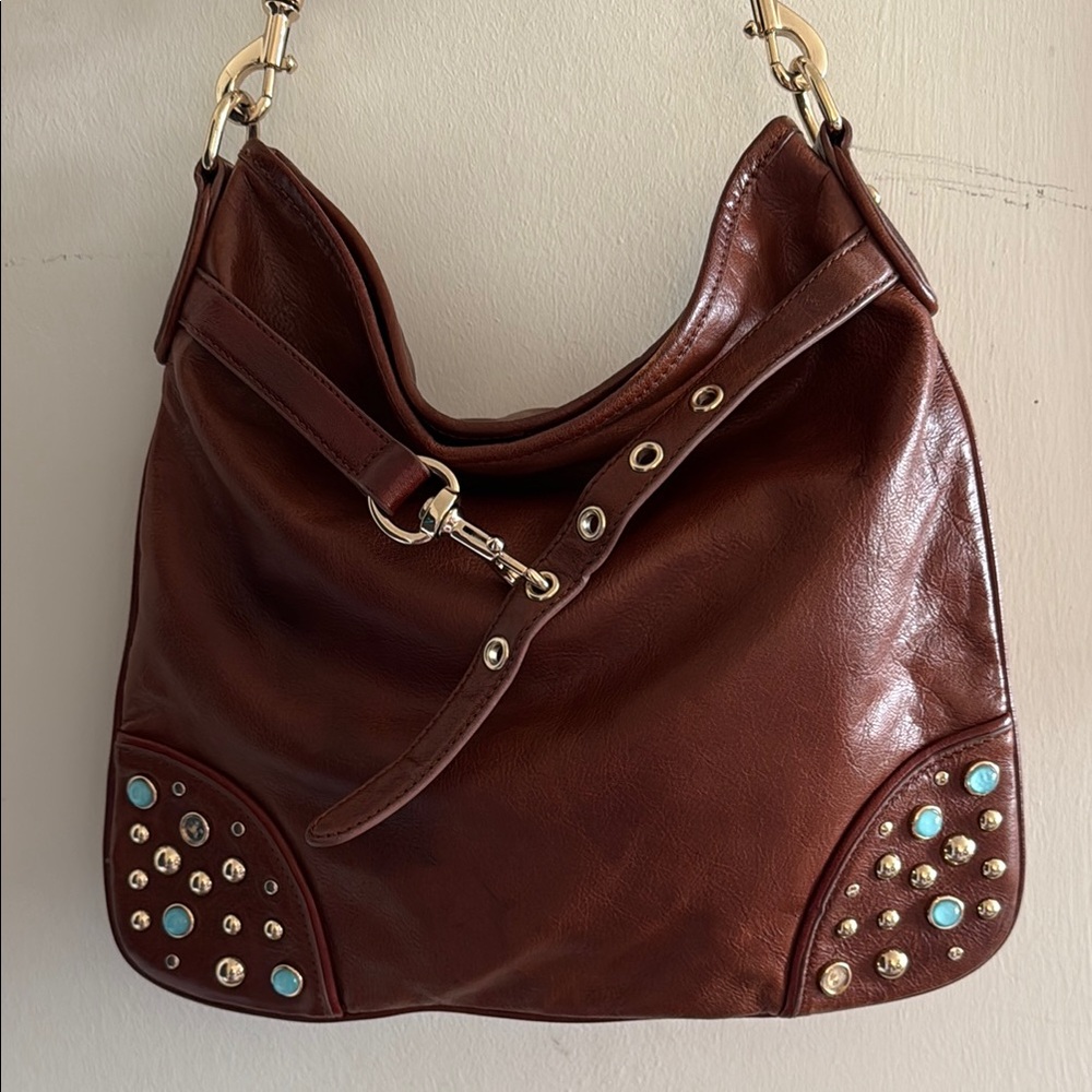 Rebecca Minkoff Brown and Gold Shoulder Bag with Studded Detailing